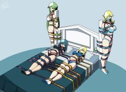 4girls aceliuszid ball_gag bed belt_bondage blonde_hair blue_green_hair blue_hair bondage bound byleth_(fire_emblem) byleth_(fire_emblem)_(female) cleavage crotch_rope female female_only femsub fire_emblem fire_emblem:_three_houses gag green_hair kid_icarus mario_(series) metroid nintendo palutena png princess_rosalina revealing_clothes rope rope_bondage samus_aran stationary_restraints super_mario_galaxy super_smash_bros. super_smash_bros._ultimate