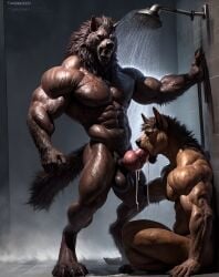 ai_generated blowjob canine couple cum cumming deepthroat duo furry gay huge_knot knot looking_pleasured male_on_male muscular_male oral realistic shower showering showering_together solo werewolf wolf