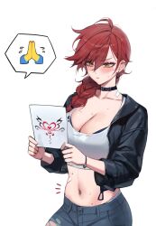 angry aroused beauty_mark belly belly_button belt_choker blush bra choker crop_top ear_piercing fertility_symbol jacket large_ass large_breasts long_hair maenoo plaster pubic_tattoo red_hair sweat yellow_eyes