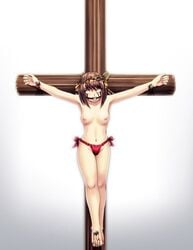 bare_arms bare_legs bare_shoulders barefoot blood breasts brown_hair crown_of_thorns crucifixion edited fainting feet female gag gagged guro hairband hairbow helpless injury nailed_to_cross navel nipples open_mouth pain peeing peeing_self peril restrained ring_gag suffering suzumiya_haruhi suzumiya_haruhi_no_yuuutsu thong toes torture yellow_eyes