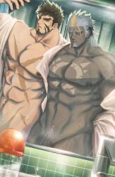 2boys abs bara bathroom beard beard_stubble bidziil_(gyee) blonde_hair brown_eyes brown_hair buegnahrnc9m9lh cellphone dark_skin facial_hair flaming_eye gyee heracles_(housamo) highres large_pectorals looking_at_mirror male_focus male_only manly mature_male mirror multicolored_hair multiple_boys muscular muscular_male nipples nude pectorals penis_base phone pubic_hair reflection scar short_hair spiked_hair stubble tattoo tokyo_afterschool_summoners towel water wet white_hair yellow_eyes