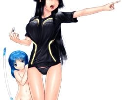 2girls 3886 age_difference black_hair blue_hair breasts clothed_female_nude_female female flat_chest large_breasts long_hair mound_of_venus multiple_girls nude open_mouth panties s_zenith_lee simple_background source_request white_background yuri