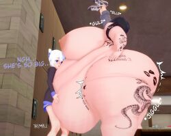 3d against_wall ass belly big_ass big_belly big_breasts breasts female female_pred femdom femsub huge_ass huge_belly huge_breasts larger_female mini_giantess nipples nude oral_vore same_size_vore size_difference smaller_female smothering tattoo tea-kettles thunder_thighs vore