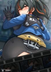 ass black_gloves black_hair blue_jacket blush closed_mouth female from_behind gloves hair_between_eyes handlebar handles highres jacket long_hair looking_at_viewer looking_back multicolored_hair orange_eyes orange_hair peanut_(shokan) police police_uniform ponytail sidelocks smile solo streaked_hair two-tone_hair uniform zenless_zone_zero zhu_yuan