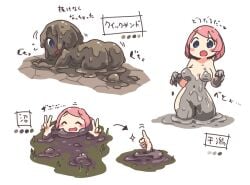 1girls 2017 all_fours ass breasts clay covered_in_mud double_v female female_only gesture greenniro hair mud muddy naked nude oc open_mouth pink_hair short_hair solo v_sign wam wet_and_messy