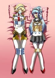 2016 aigis_(persona) android atlus bed bondage breasts closed_eyes female female_focus female_only humanoid labrys on_bed persona persona_3 robot robot_girl robot_humanoid submissive submissive_female tape thighs