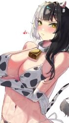 1girls belly_button bikini black_hair blush breasts cleavage cow_print cow_print_bikini cowbell embarrassed female female_only heart hololive hololive_english hololive_english_-advent- huge_breasts light-skinned_female light_skin shiori_novella solo stella_(trashcan223) two_tone_hair virtual_youtuber white_hair yellow_eyes