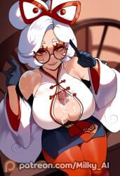 ai_generated big_breasts cum cum_on_breasts from_above glasses hair_bun hair_ornament hi_res looking_at_viewer milky_ai paizuri paizuri_under_clothes pantyhose portrait purah purah_(tears_of_the_kingdom) red_eyes the_legend_of_zelda the_legend_of_zelda:_tears_of_the_kingdom thiccwithaq_(ai_style) thick_thighs wet white_hair