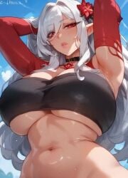 1girls acheron_(honkai:_star_rail) ai_generated arms_up hair_over_one_eye honkai:_star_rail huge_breasts luscious_lips mature_female nihilous official_alternate_hair_color red_arms red_eyes red_flower underboob voluptuous white_hair