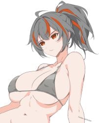 artist_name bare_shoulders bra female grey_bra grey_hair hashtag-only_commentary highres kili_kilio multicolored_hair navel orange_eyes ponytail red_hair simple_background solo stomach streaked_hair twitter_username underwear unfinished upper_body white_background zenless_zone_zero zhu_yuan