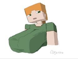 alex_(minecraft) coryhen_(artist) ginger_hair green_eyes green_shirt huge_breasts minecraft orange_hair square_head