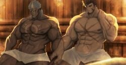 2boys abs bara beard beard_stubble bidziil_(gyee) blonde_hair brown_eyes brown_hair buegnahrnc9m9lh facial_hair flaming_eye gyee heracles_(housamo) highres large_pectorals looking_at_another male_focus manly mature_male multicolored_hair multiple_boys muscular muscular_male nipples pectorals penis_base sauna scar short_hair sitting spiked_hair steam steaming_body stubble sweat sweatdrop tattoo tokyo_afterschool_summoners towel towel_around_waist white_hair yellow_eyes