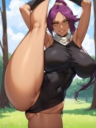 1girls ai_generated big_ass big_breasts big_butt black_body bleach bleach:_the_thousand-year_blood_war forest outside purple_hair shihouin_yoruichi tokyotaku yellow_eyes