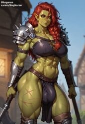 1futa abs ai_generated armlet armor axe bagharen ball_bulge balls balls_under_clothes big_bulge bottomless_loincloth bracers braid breasts bulge casual dark-skinned_futanari dungeons_and_dragons flaccid futa_only futanari green_skin holding holding_weapon huge_breasts loincloth muscular_futanari navel oc orc orc_futanari original original_character outside penis penis_bulge penis_under_clothes penis_under_loincloth pointy_ears red_hair rhe'lla_(bagharen) scars shoulder_armor solo solo_futa thick_thighs topwear weapon yellow_eyes