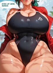 1girls ai_generated athletic_female big_breasts busty competition_swimsuit eyes_up_here green_hair jacket jujutsu_kaisen mommy nihilous pov scars staring thiccwithaq_(ai_style) thick_thighs voluptuous zenin_maki