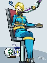 aceliuszid blonde_hair blue_eyes bondage bound bound_hands chair_bondage collar feeding_tube female female_only femsub forced_feeding fully_clothed gag mechanical_fixation metal_collar metroid png samus_aran stationary_restraints steel_bondage tight_clothing variant zero_suit zero_suit_samus