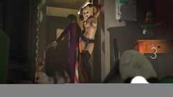 1girls 2boys 3d areolae batman:_arkham_city batman_(series) blonde_hair blue_eyes breasts dc dc_comics eyeshadow female female_focus harley_quinn harley_quinn_(arkham) harley_quinn_(arkham_city) huggybear joker lipstick looking_at_viewer male nipples solo_focus source_filmmaker tagme tattoo the_joker twintails