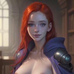 ai_generated book bookshelf breasts_out fantasy female female_focus female_only freckles freckles_on_face ginny_weasley harry_potter looking_at_viewer mage magic magic_user medium_breasts nipples red_hair solo solo_female spellbook studying wand wizard