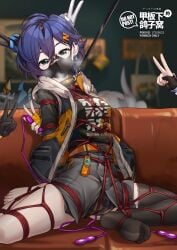 belle_(zenless_zone_zero) blue_hair bondage collar gag gagged genshin_impact honkai:_star_rail honkai_(series) honkai_impact_3rd kiana_kaslana leash leash_and_collar leash_pull lumine_(genshin_impact) mask masked sitting sofa stelle_(honkai:_star_rail) vibrator vibrator_in_pussy yiduan_zhu zenless_zone_zero