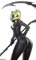 ass bodysuit celty_sturluson cleavage durarara!! gloves hand_on_hip helmet scythe sefuart simple_background skin_tight solo unzipped weapon zipper_pull_tab