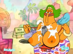 1girls 3boys big_breasts bob-jiggles breasts bukkake cartoon_network chowder clothing cum digital_media_(artwork) disembodied_penis endive female hi_res lips looking_at_viewer nipples penis teeth