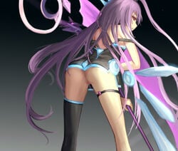 ass female hc long_hair no_panties pixiv_fantasia_fallen_kings purple_eyes purple_hair pussy scythe single_thighhigh solo thighhighs uncensored vibrator