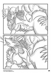 all_fours anthro ass big_breasts big_butt breasts canine closed_eyes comic curly_hair deviantart_username doggy_style drill_hair email_address erect_nipples faceless_male female fourth_wall from_behind grab greyscale grope locofuria male mammal monochrome multi_breast multi_nipple nipples page_27 page_number plain_background sex sideboob straight toned tongue tongue_out white_background