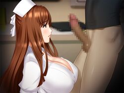 110_sanfujinka_shikeishuu_byouin_jack breasts brown_hair censored cleavage game_cg huge_breasts long_hair mio_takanashi nurse nurse_cap penis sano_toshihide