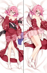 bed_sheet blush breasts dakimakura eyewear female glasses head_scarf japanese_clothes legs lying mystia_lorelei nipples ogami_kazuki okamisty on_back on_side open_mouth pink_hair red_eyes sample short_hair solo touhou undressing wings