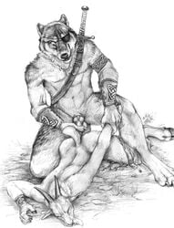 anthro blotch canine caprine fur furry goat horns interspecies male male_only mammal monochrome multiple_males nude penis sword weapon wolf yaoi