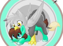 2014 avian beak blue_eyes blush brown_hair cum duo equine feral fur furry furry_only gay green_fur grey_fur gryphon hair horse male mammal my_little_pony original_character penis pony sex shinekolt wings yellow_eyes