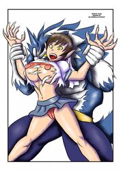 1girls anthro big_breasts blue_fur breast_expansion breasts cameltoe canine capcom clothing crossover darkstalkers duo erect_nipples female fur grab human jon_talbain locofuria mammal multi_breast navel nipples panties partially_clothed plain_background sakura_kasugano silverbulletproof skirt skirt_lift standing street_fighter torn_clothing transformation underwear were werewolf white_background white_fur yellow_eyes