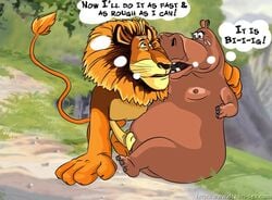 alakay_alex animal anthro breasts dialogue drawn-sex.com dreamworks english_text furry gloria_the_hippopotamus hippopotamus interspecies lion madagascar_(series) nipples no_humans nudity pussy small_breasts straight tagme thought_bubble vulva