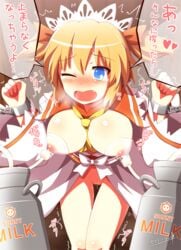 blonde_hair blue_eyes blush breasts chains character_name cute_fang female kisaragi_zwei lactation nipples open_mouth pussy pussy_juice restrained solo sunny_milk tears text touhou translation_request trembling