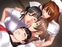 110_sanfujinka_shikeishuu_byouin_jack 4girls black_hair breasts brown_hair cum cum_drip cum_in_mouth cum_string cum_swap feed_spit game_cg konoe_nadeshiko large_breasts mami_akabane mio_takanashi multiple_girls nazuna_omigawa nurse nurse_cap sano_toshihide snowballing tongue yuri