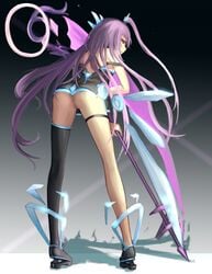 female hc highres long_hair no_panties pixiv_fantasia_fallen_kings purple_eyes purple_hair pussy scythe single_thighhigh solo thighhighs uncensored