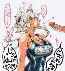 blush breasts brown_eyes censored cleavage dark_skin female glasses huge_breasts kantai_collection kikuta magic_penis mosaic_censoring musashi_(kantai_collection) one-piece_swimsuit penis school_swimsuit semi-rimless_glasses silver_hair sweat swimsuit text translation_request trembling two_side_up under-rim_glasses