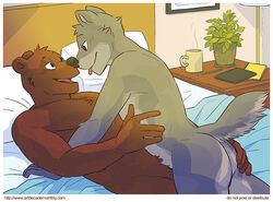 anthro artdecade ass bear bed canine color cup eye_contact fur furry furry_only gay indoors interspecies male male_only mammal multiple_males nude only_if_i_love_you only_if_you_kiss pencil table wolf