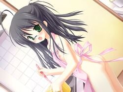 ahoge anus apron black_hair blush bra-ban! breasts female female game_cg glasses green_eyes imamiya_noriko kitchen kobuichi long_hair looking_at_viewer naked_apron nipples open_mouth solo standing