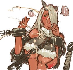 !? ? blush breasts bukkake chains cum cum_on_hair dark-skinned_female dark_skin facial female green_eyes hair_over_one_eye halter_top halterneck highres horns huge_breasts long_hair nameo_(judgemasterkou) oni setsubun shackles silver_hair solo underboob