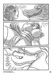 anthro big_breasts bow breasts canine clothing comic curly_hair deviantart_username dialog drill_hair duo email_address english_text erect_nipples female greyscale grin huge_breasts human locofuria looking_down low-angle_shot male mammal monochrome nipples page_18 page_number partially_clothed plain_background pussy teeth text tongue tongue_out torn_clothing transformation wet white_background