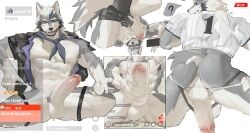 abs anthro anus ass athletic_wear balls big_penis black_nose bodily_fluids bottomwear canid canine canis clothed clothing emoji english_text erection exhibitionism fur genitals grey_body grey_fur hi_res humanoid_genitalia jersey jockstrap kemono larmort_w_(sohungr599123) livestream looking_at_viewer looking_back male mammal masturbation muscular muscular_anthro muscular_male open_clothing open_shirt open_topwear pecs penis pubes sex_toy shirt shorts sohungr599123 solo sweat sweatdrop tail text topwear underwear white_body white_fur wolf