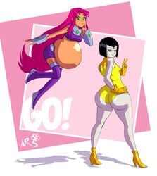 2girls ass axel-rosered big_ass boots clothing dc_comics high_heel_boots high_heels lady_legasus looking_back midriff pregnant rachel_roth raven_(dc) skirt sleeveless smile starfire teen_titans