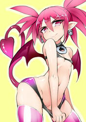 bat_wings choker covered_nipples demon_girl demon_tail disgaea disgaea_1 disgaea_d2 earrings etna female flat_chest highres jewelry nac000 nippon_ichi_software panties panty_pull pink_eyes pink_hair pink_legwear pointy_ears pussy red_eyes red_hair short_hair solo tail thighhighs tied_hair twintails underwear wings yellow_background