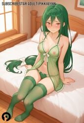 ai_generated babydoll bangs bare_arms bare_shoulders bed bed_sheet blush bow breasts brown_eyes cleavage closed_mouth collarbone covered_nipples crusch_karsten female frown full_body green_hair green_panties green_thighhighs hair_between_eyes hairbow indoors lingerie long_hair looking_at_viewer low-tied_long_hair medium_breasts navel nipples no_shoes on_bed panties pikkiwynn pillow re:zero_kara_hajimeru_isekai_seikatsu see-through sitting solo thighhighs thighs underwear underwear_only very_long_hair
