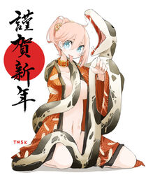 1girls breasts collar fangs female feral imminent_vore interspecies kimono kneeling larger_female new_year open_kimono saliva scalie size_difference snake snake_tongue takagi_(tansuke) tansuke teeth text tongue vore watermark