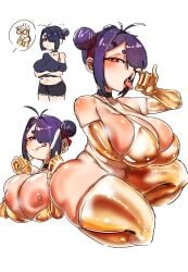 absurdres bikini black_hair breasts female gloves gold_bikini highres one_eye_closed open_mouth original short_hair swimsuit