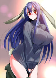 animal_ears blue_hair blush bunny_ears bunny_tail covering_crotch covering_self long_hair red_eyes ribbed_sweater sweater sweater_tug