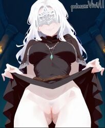 1girls ai_generated black_dress covered_eyes dark_souls dark_souls_3 dress dress_lift female fire_keeper from_below long_hair midriff pubic_hair pussy solo solo_female solo_focus tagme vagina viewed_from_below viviai white_hair