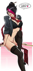 academy_series black_bra black_hair black_legwear blue_eyes bottomless bra breasts cleavage english female fiora_laurent glasses hair_bun hair_over_one_eye headmistress_fiora league_of_legends looking_at_viewer nail_polish navel open_clothes open_shirt pencil pink_hair scarf solo teacher thighhighs two_tone_hair uger